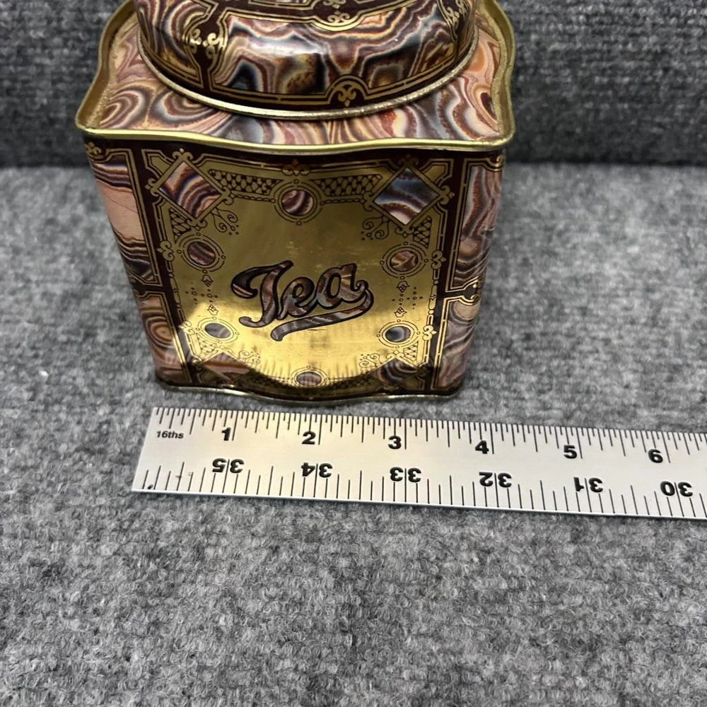 Dodo Designs Vintage Tea Canister Marbled Agate Pattern Tin Made in England Gold